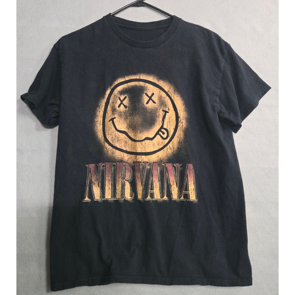Nirvana Smiley Face Graphic T Shirt Black Grunge Rock Band Tee Estimated Men's L